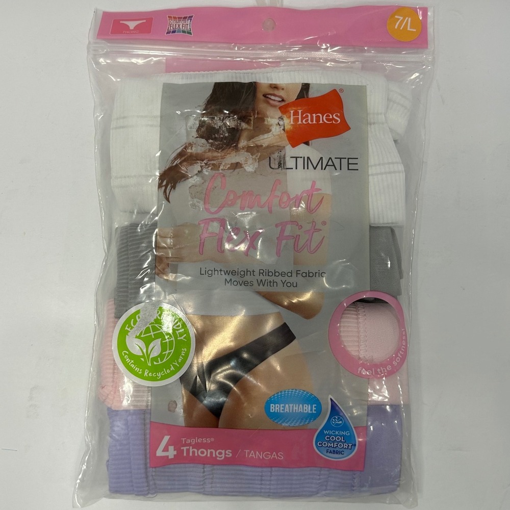 Hanes Ultimate Comfort Flex Fit Thong Panties 4 Pack Size 7 L Ribbed Pastel New